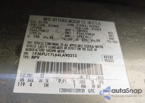 2004 Ford Expedition Eddie Bauer z USA, uszkodzony, nr VIN 1FMPU17L64LA90313